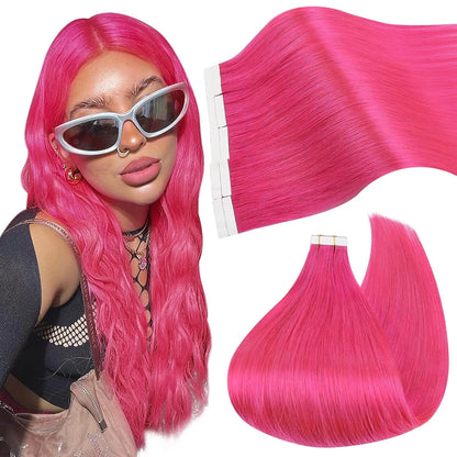 Barbie Pink Tape in Human Hair Extensions Real Human Hair #Hot Pink