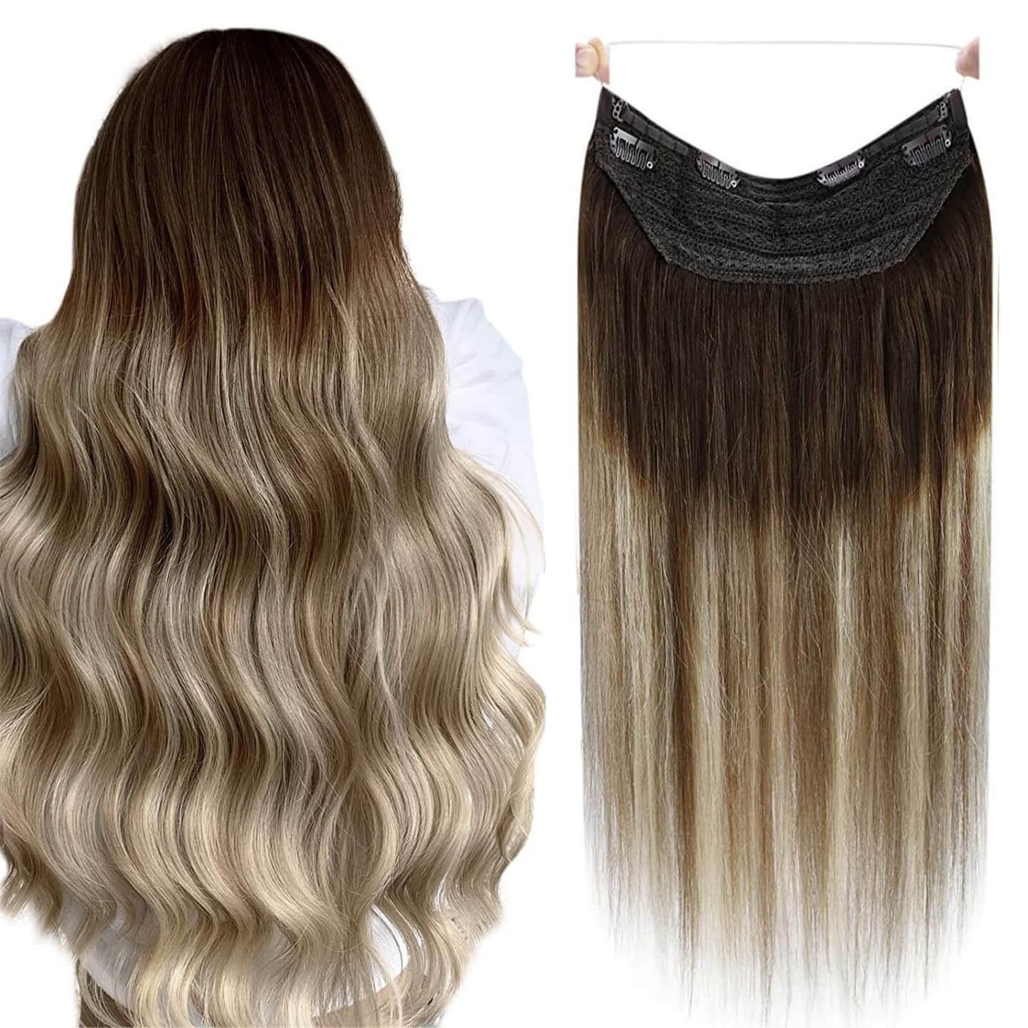 Halo Hair Extensions Dark Brown to Platinum Blonde Clip in Hair Extension