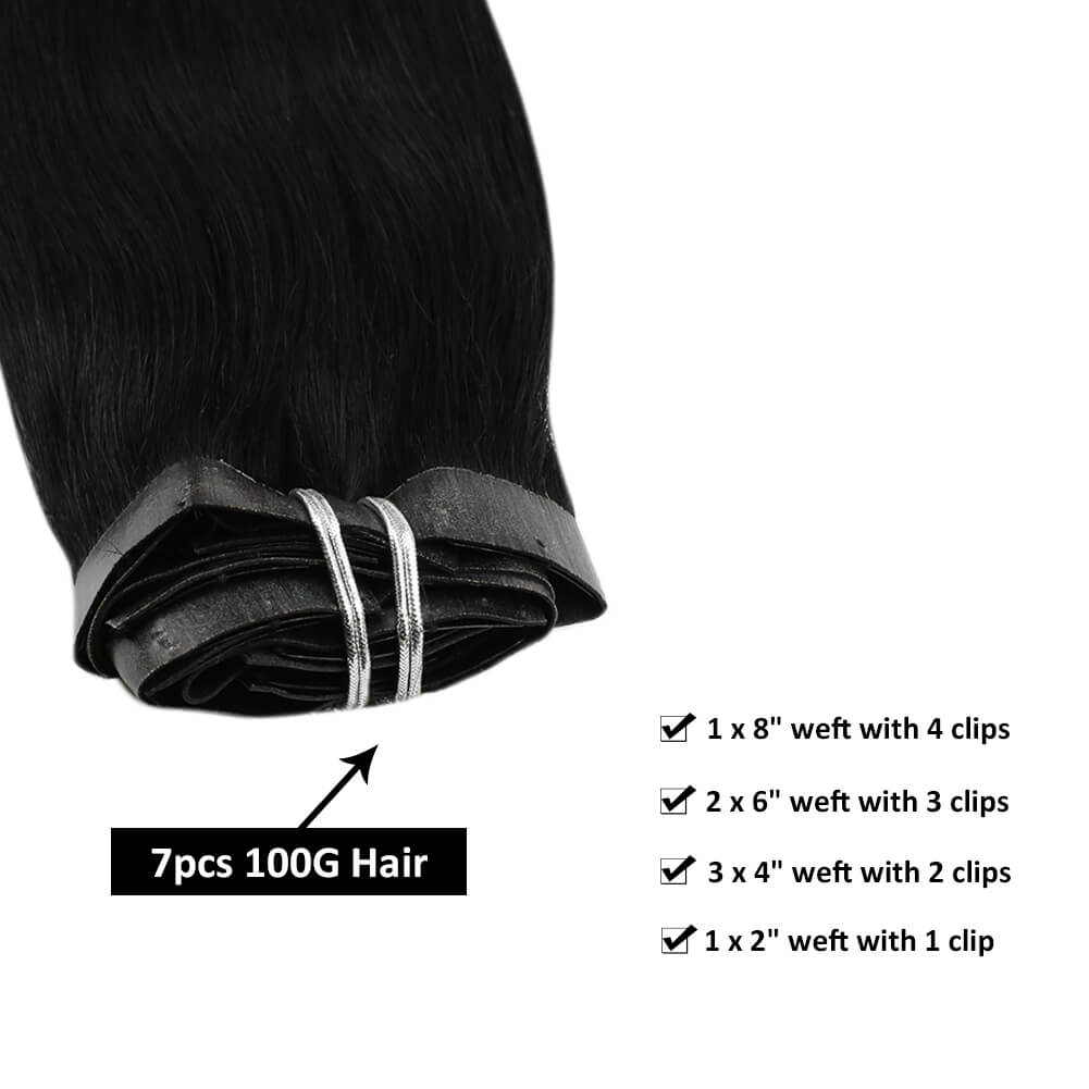 22inch Jet Black #1 Full Head Extension Thick Hair PU Clip on 7 Pieces 120g