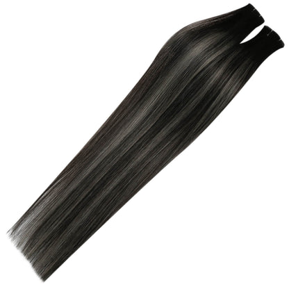 Invisible Genius Weft Extensions Balayage Black With Silver hair weaves for thin hair