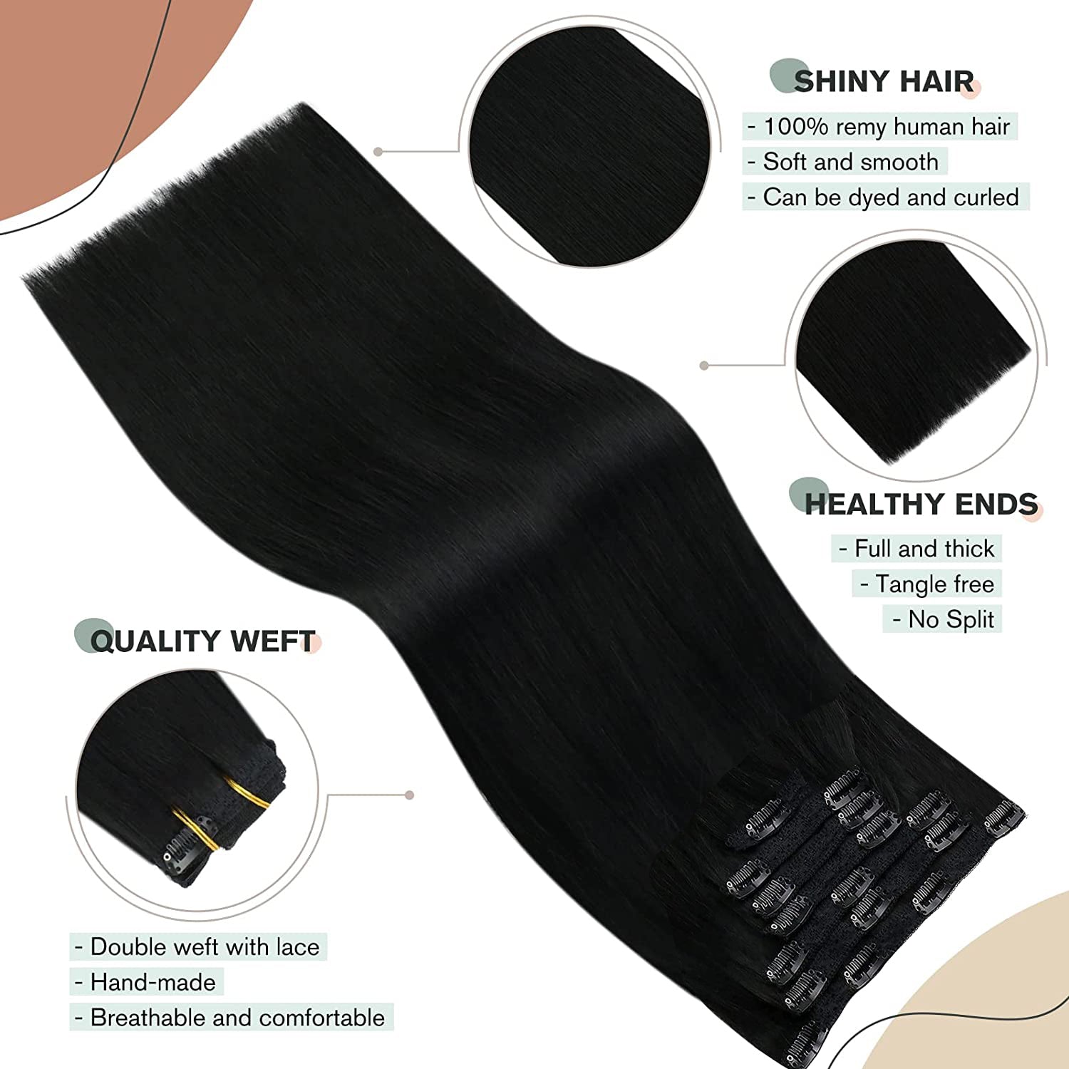 Human Hair Jet Black #1 7PCS Clip in Straight Hair Extensions