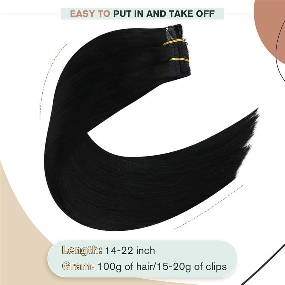 Natural Clip on Extensions Jet Black Clip in Extensions Human Hair