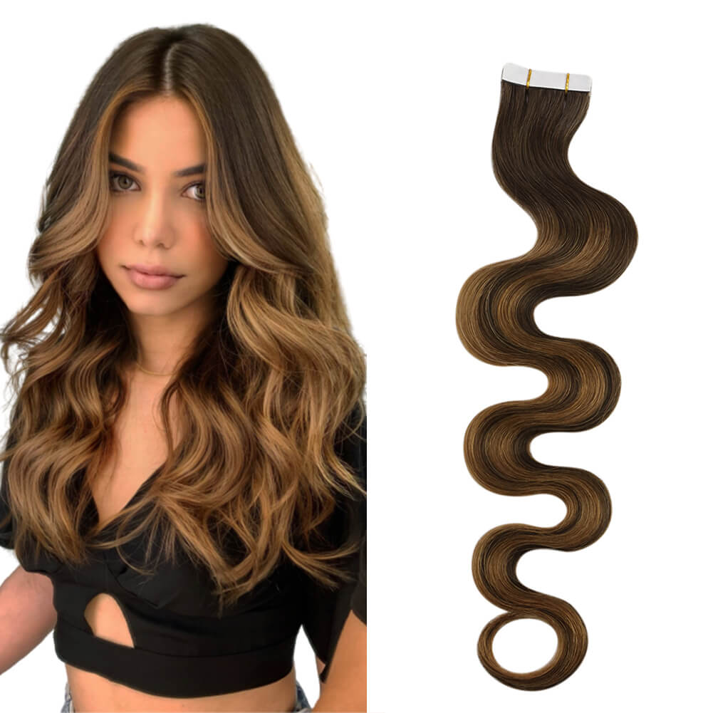 Beach Wavy Injection Tape in Hair Extensions Balayage Ombre Color #DU