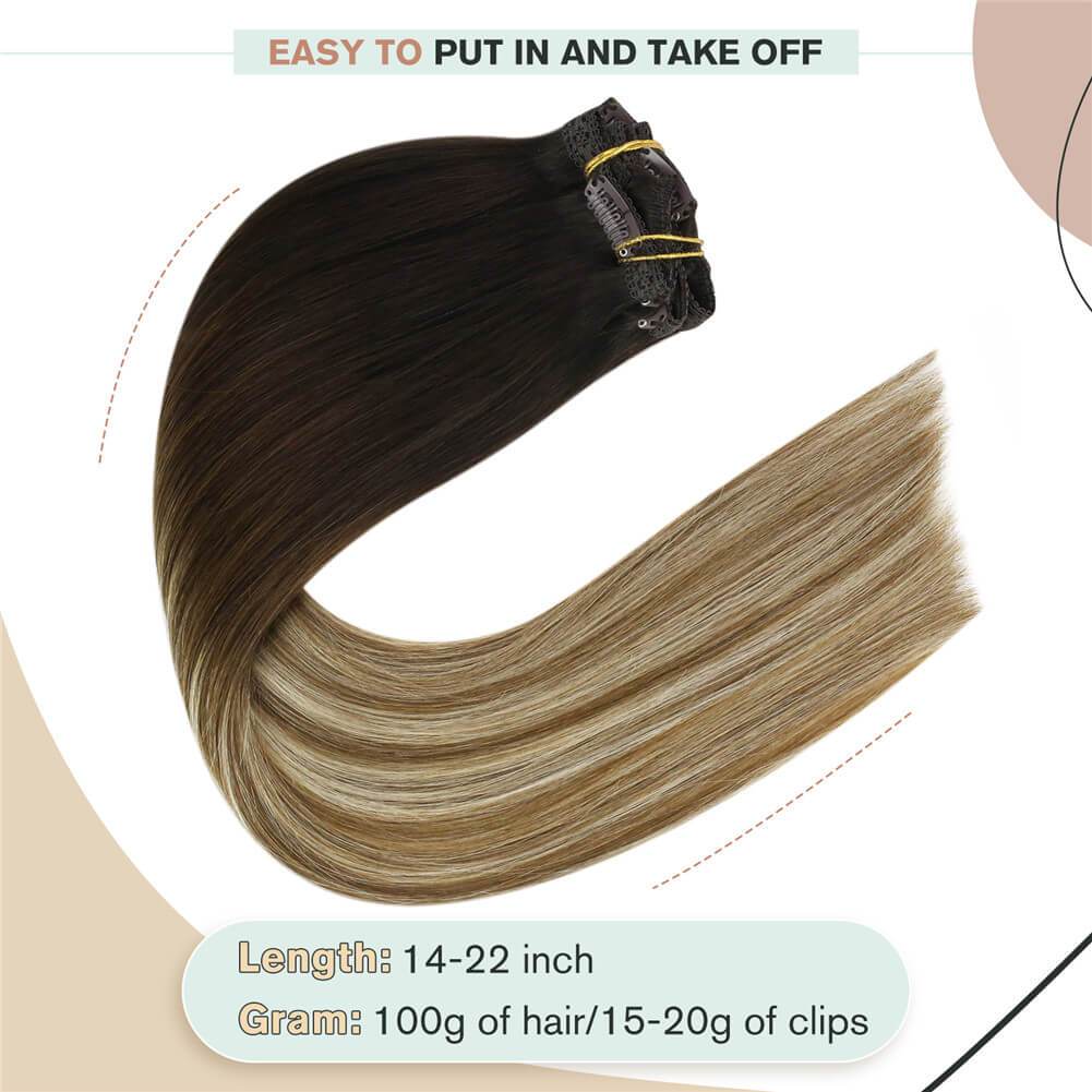 Remy Human Hair Balayage Brown to Blonde Hair Extensions 120Gram Double Weft Clip in Human Hair Extensions