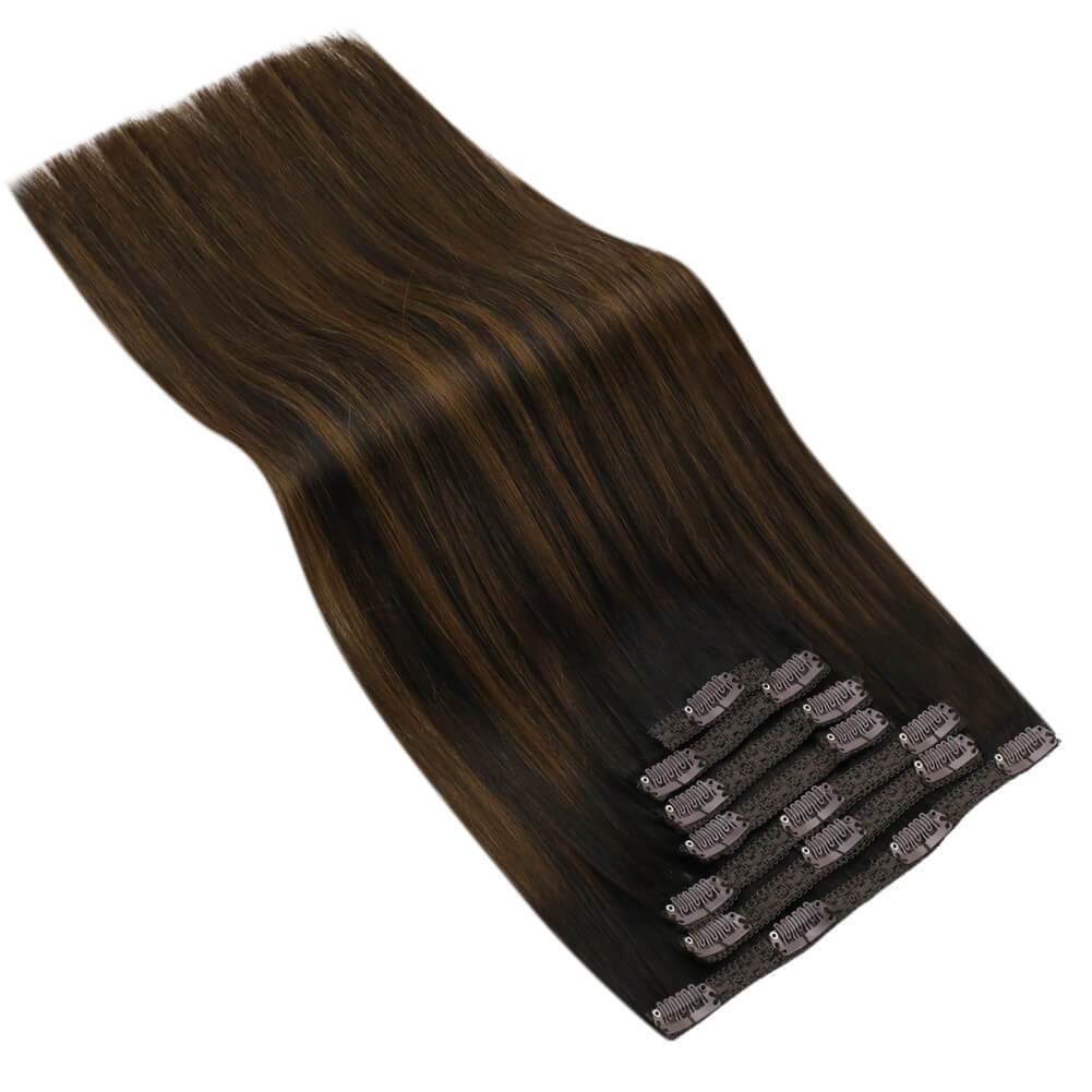 Clip on Extensions for Women Color Dark Brown to Medium Brown Mixed Dark Brown